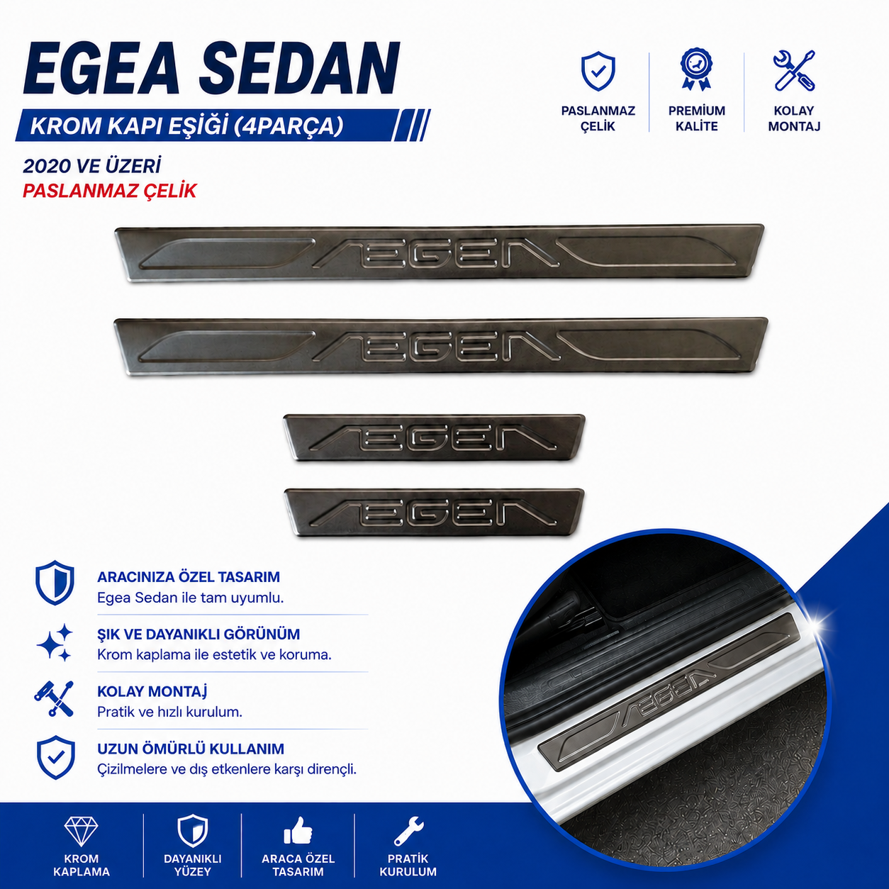 Egea Sedan Krom Kapı Eşiği (4Parça) 2020 Ve Üzeri Paslanmaz Çelik