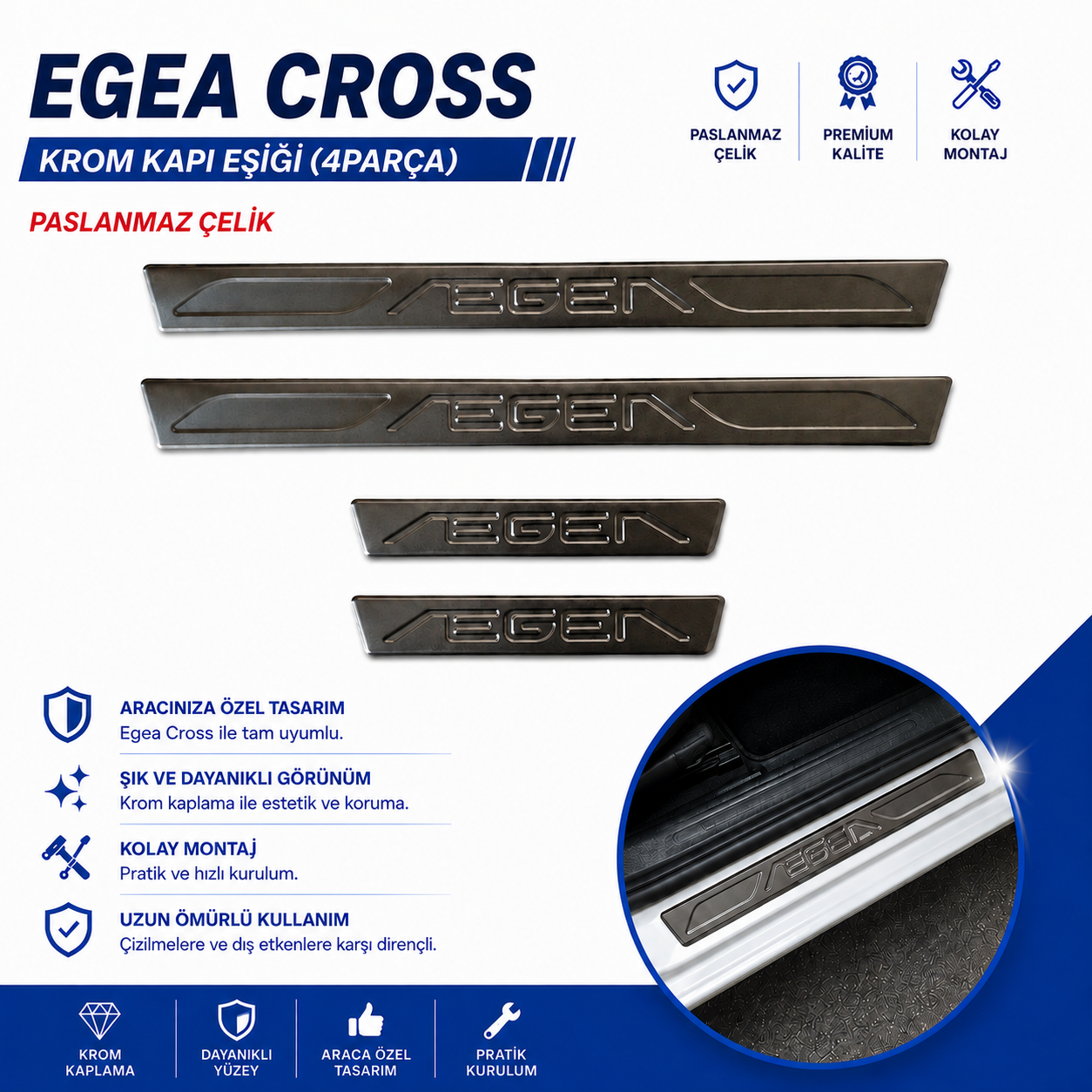 Egea Cross Krom Kapı Eşiği (4Parça) Paslanmaz Çelik