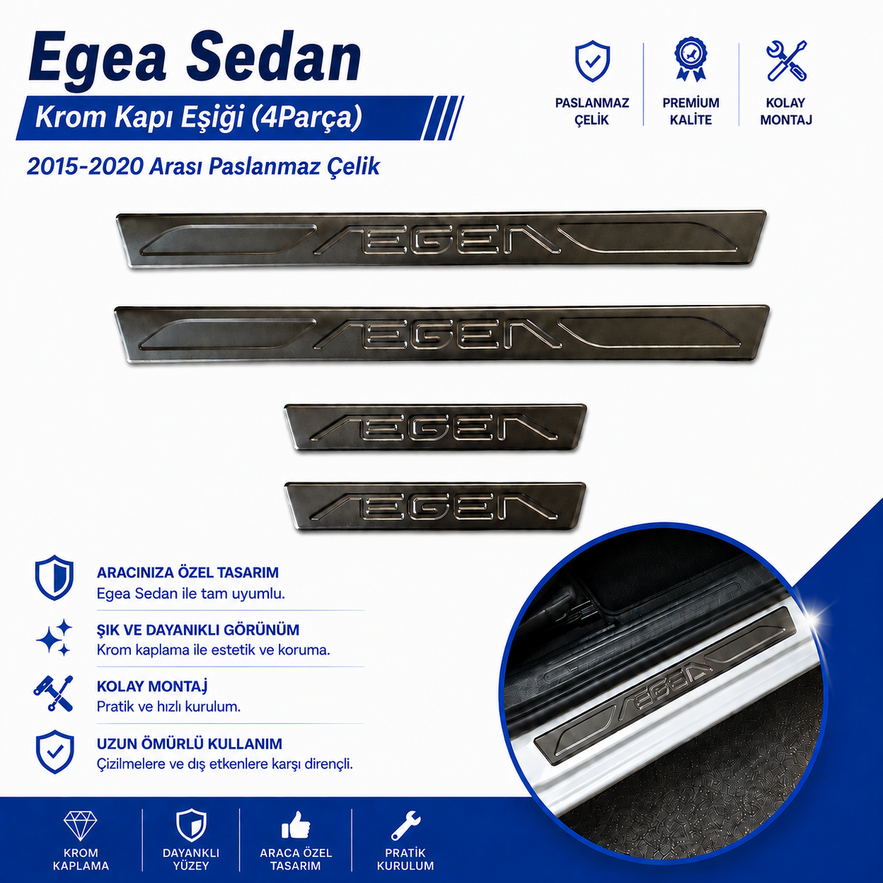 Egea Sedan Krom Kapı Eşiği (4Parça) 2015-2020 Arası Paslanmaz Çelik