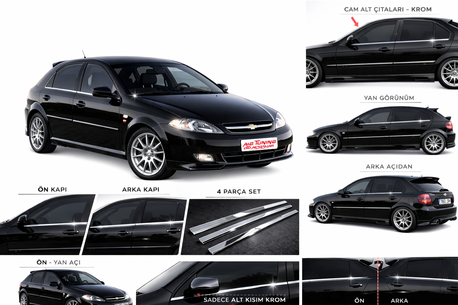 Chevrolet Lacetti HB 2000 Model ve Üzeri 4 Parça Krom Cam Alt Çıtası Takımı Paslanmaz Çelik