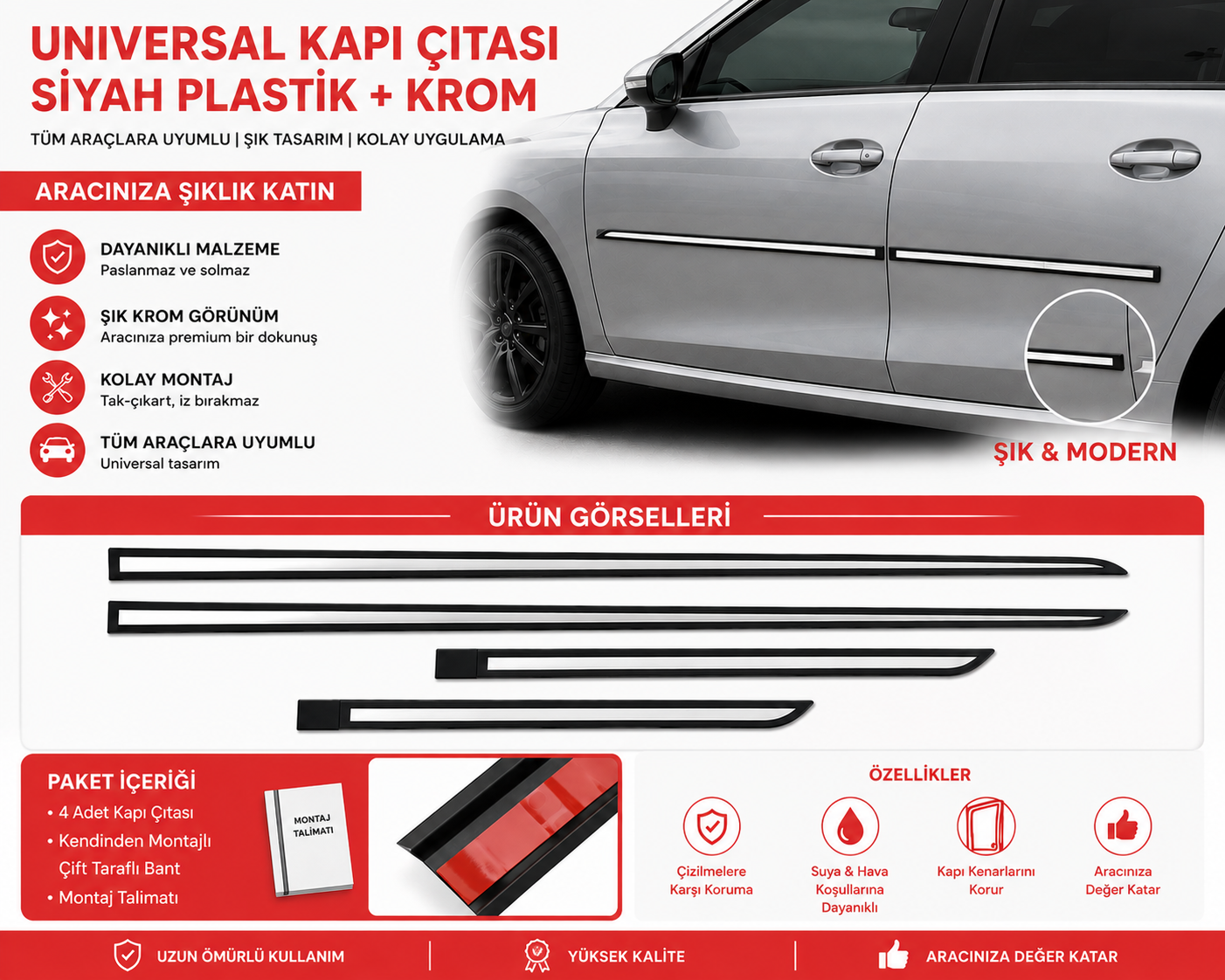 Universal Yan Kapı Koruma Çıtası Seti Plastik + Krom 4 Parça