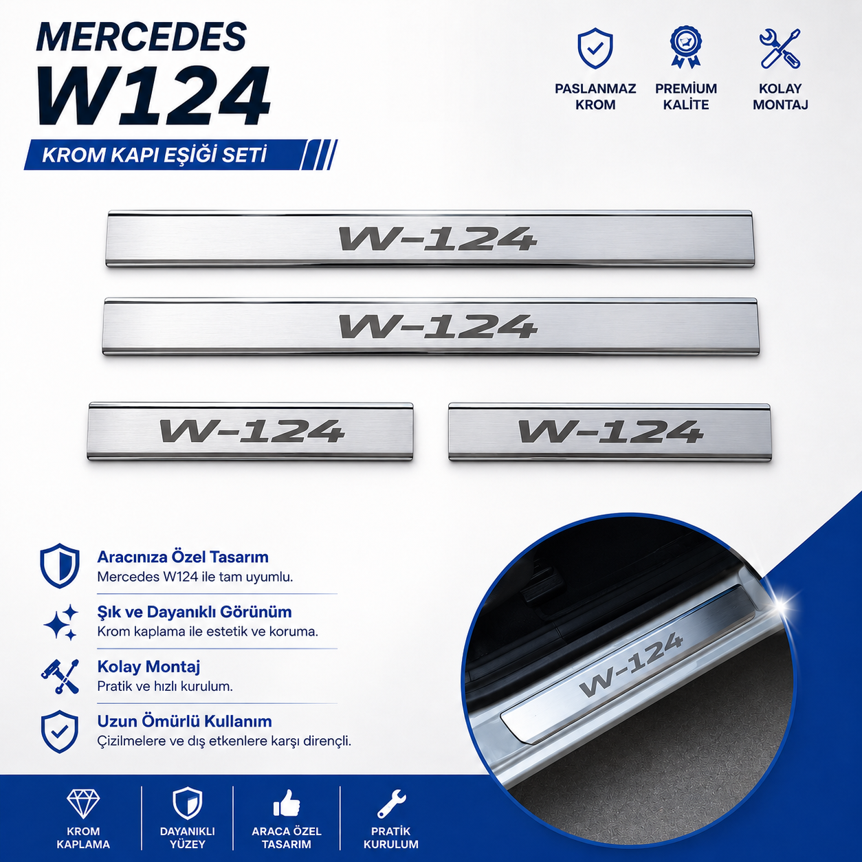 Mercedes W214 Krom Kapı Eşiği Takımı 1984-1995 Paslanmaz Çelik