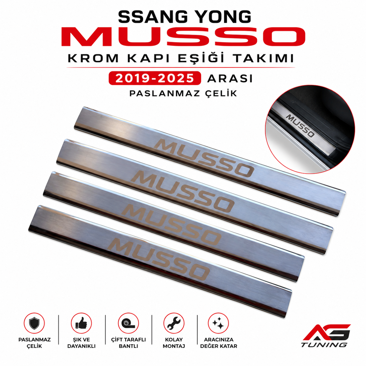 SSANG YONG  Musso Krom Kapı Eşiği Takımı 2019-2025 Arası Paslanmaz Çelik