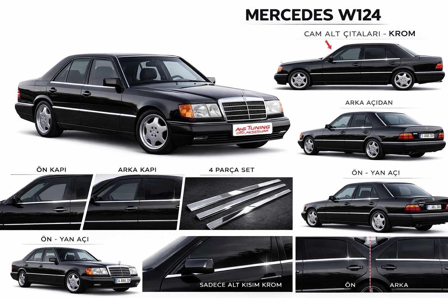 Mercedes E Klasse W124 Krom Cam Çıtası 4 Prç. 1984-1995 Paslanmaz Çelik