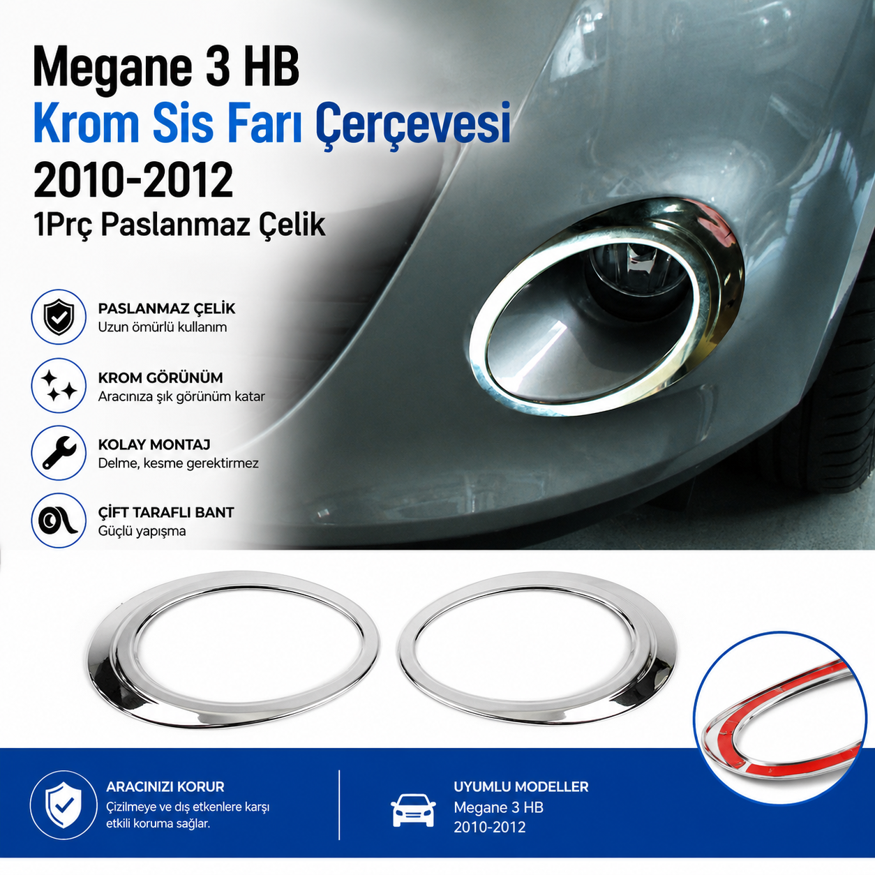 Megane 3 HB Krom Sis Farı Çerçevesi 2010-2012 Paslanmaz Çelik